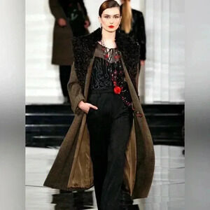 Ralph Lauren Collection Purple Label Wool Coat Shearling Fur Collar Trench Tweed